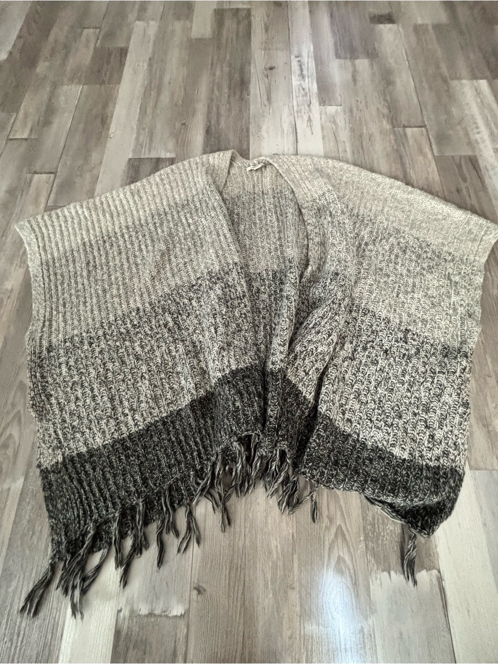 American Eagle Outfitters Ombre Knit Fringe Poncho - Beige and Gray
